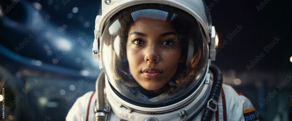 adult woman is astronaut, wears an astronaut suit, astronaut helmet, in space, makes a discovery or sees something incredible, shocked or amazed, makes a discovery in space adult woman is astronaut, wears an astronaut suit, astronaut helmet, in space, makes a discovery or sees something incredible, shocked or amazed, makes a discovery in space