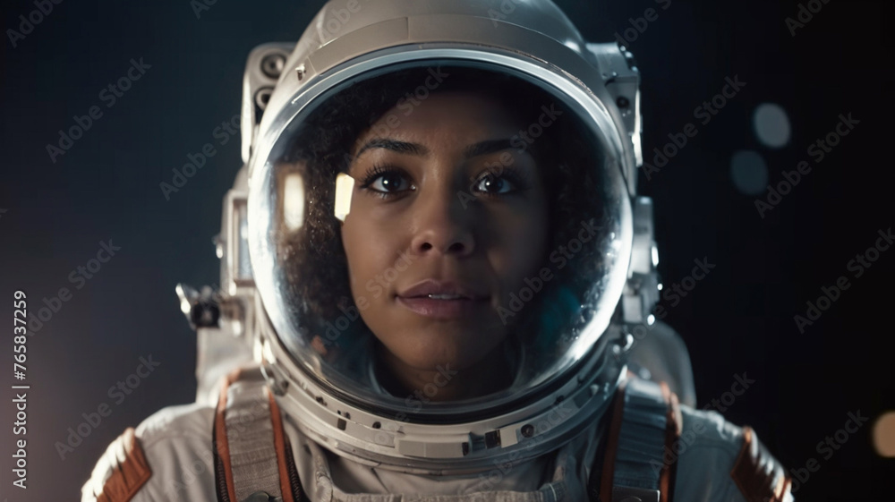 adult woman is astronaut, wears an astronaut suit, astronaut helmet, in space, makes a discovery or sees something incredible, shocked or amazed, makes a discovery in space adult woman is astronaut, wears an astronaut suit, astronaut helmet, in space, makes a discovery or sees something incredible, shocked or amazed, makes a discovery in space