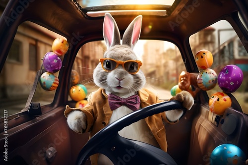 Playful Bunny in Car Sharing Colored Easter Egg Magic © Sun