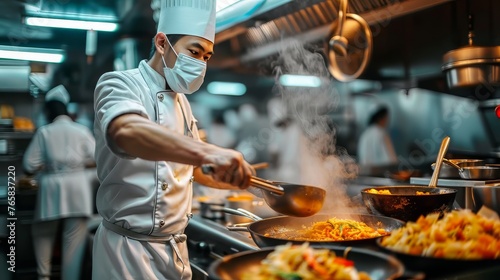 Chef cooking food on frying pan in kitchen