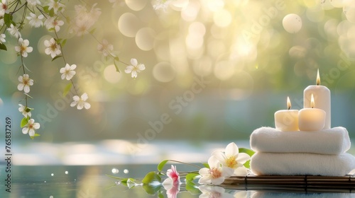 Stack of white towels with lit candle