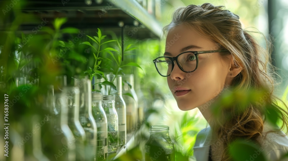 Agronomist biologist woman growing green plants in laboratory. Young woman scientist studying plants and doing botanical research, scientific glassware for chemicals. Generative ai Agronomist biologist woman growing green plants in laboratory. Young woman scientist studying plants and doing botanical research, scientific glassware for chemicals. Generative ai