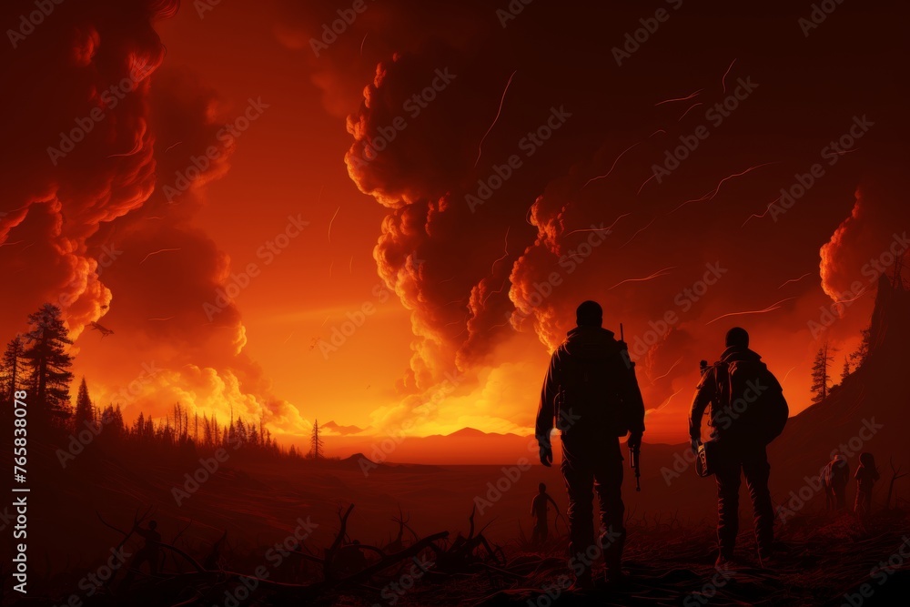 Fototapeta premium The sky is ablaze with orange flames as two people stand in front of a burning forest landscape with a setting sun. The scene is both beautiful and apocalyptic.