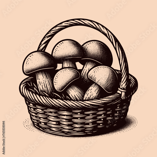 Basket with wild mushrooms. Vintage engraving illustration, emblem