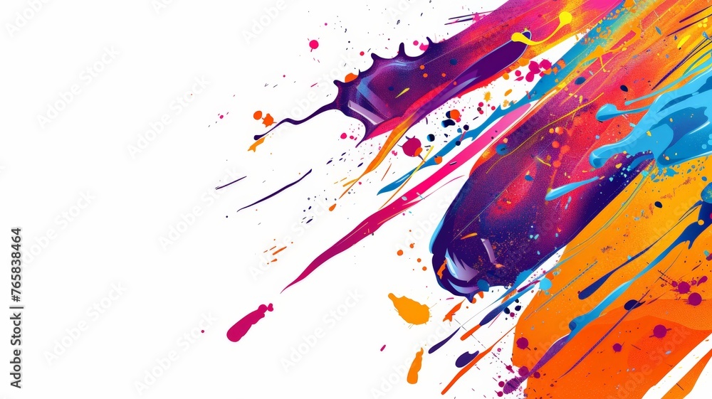 Various vibrant paint splatters scattered across a plain white background, creating a colorful and dynamic artistic effect