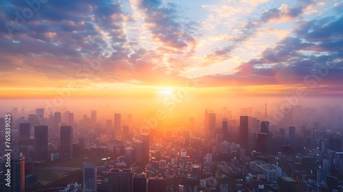 Embrace new opportunities with a breathtaking sunrise over the dynamic cityscape of a thriving business metropolis