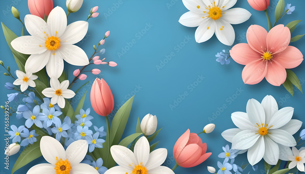 Beautiful spring flowers on a blue background. Floral illustration for card, invitation, poster, fashion, print, wedding or greeting. Beautiful spring flowers on a blue background. Floral illustration for card, invitation, poster, fashion, print, wedding or greeting.
