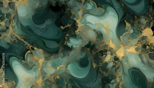 Abstract fractal marble pattern, in the style of pale greens, dark emerald and gold, marbleized, expressionistic madness, iridescence / opalescence, mixed media printing. photo