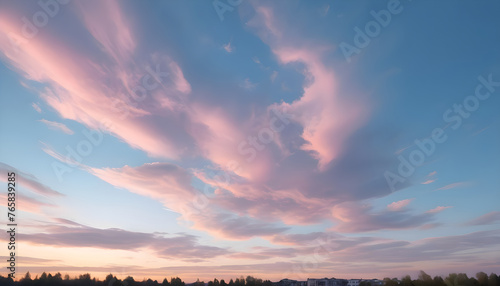 Background of blue sky with pale pink clouds in sunset