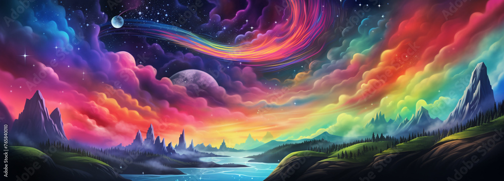 Illustrate a nighttime sky filled with stars a crescent moon and a rainbow colored aurora borealis This can be a beautiful and imaginative coloring experience Illustrate a nighttime sky filled with stars a crescent moon and a rainbow colored aurora borealis This can be a beautiful and imaginative coloring experience