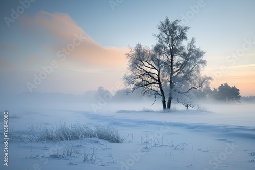 Foggy landscape on a winter morning