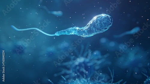Sperm cell journey in a mystical blue environment.
