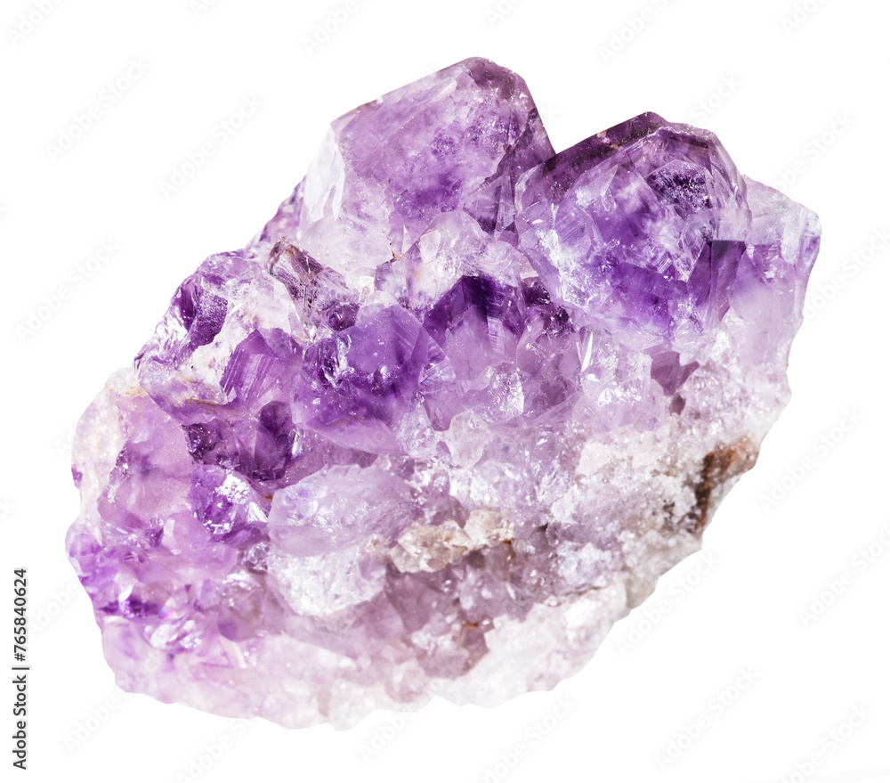 close up of sample of natural stone from geological collection - druse of amethyst mineral isolated on white background from White Sea shore