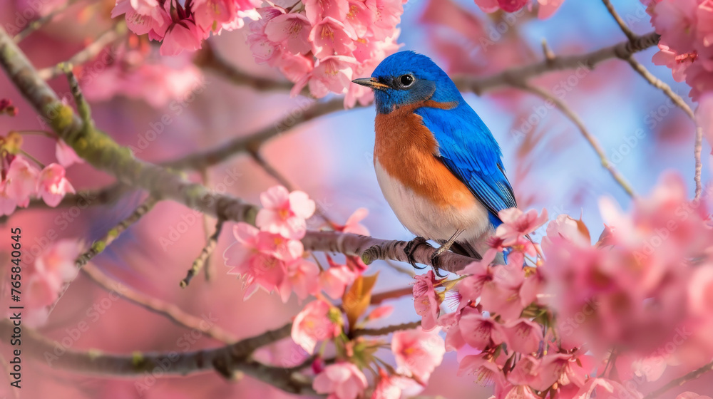 A vibrant bluebird perched on cherry blossom branches, close up shot, springtime joy concept.