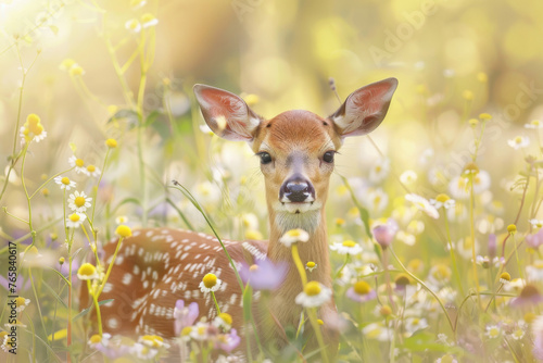 A baby deer peeking out from behind wildflowers in meadow, innocent wildlife and serene spring background © Sunday Cat Studio