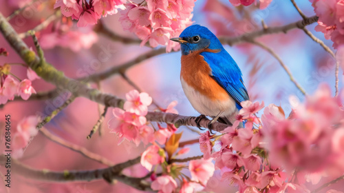 A vibrant bluebird perched on cherry blossom branches, close up shot, springtime joy concept.