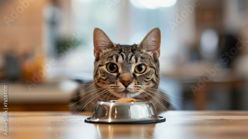 A tabby cat is eating from a metal bowl on a wooden table, pet care concept.