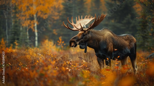 Grand moose roams through dense Canadian woodland