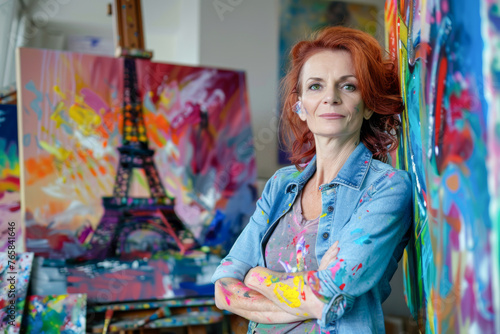 Mature female artist standing in front of the easel in her studio 