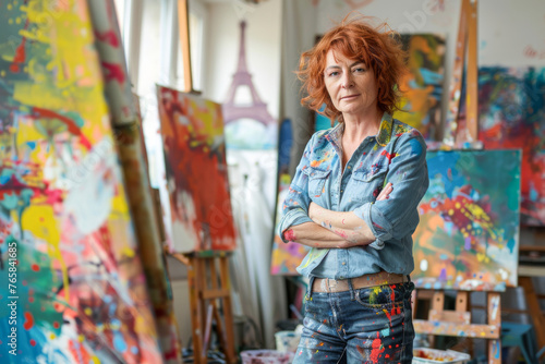 Mature female artist standing in front of the easel in her studio 