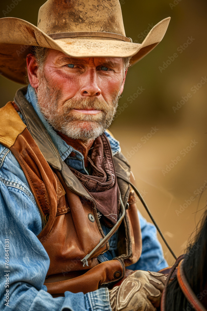 Portrait of a cowboy on horseback in a sunny day.
