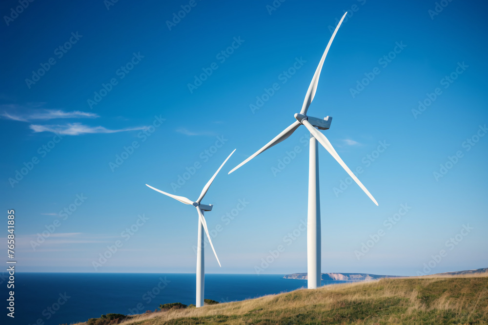 Two wind turbines are standing on the shore, renewable energy and sustainability concept