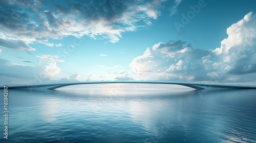 Bridge takes shape, spanning the horizon over tranquil waters.