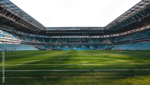 Empty football stadium at daytime on white transparent background