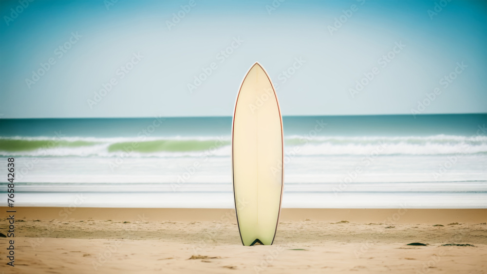 Surfing Board Is Ready For Adventure Waves on Beachside Ocean Surfing Board Is Ready For Adventure Waves on Beachside Ocean