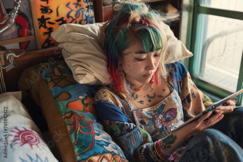 young beautiful hipster woman with bright dyed hair using tablet computer in the city  © PixelGallery