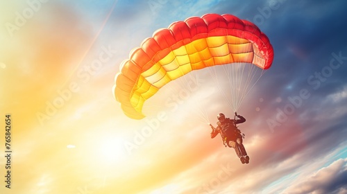 Parachutist descending with a colorful parachute against a sunset sky, wide panoramic view, blur, soft light Concept: adventure, freedom, exhilaration