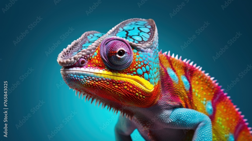 A colorful chameleon perched on a tree branch - obrazy, fototapety, plakaty 