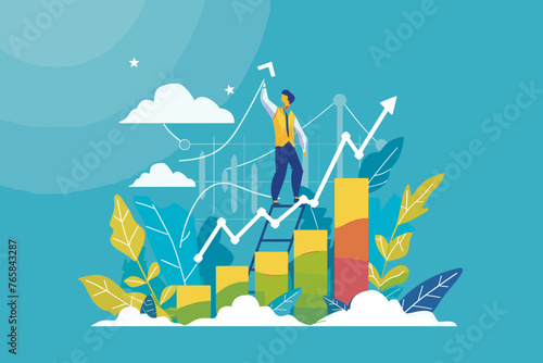 Economic growth forecast, GDP prediction or business vision to grow investment or business, increase profit or earning improvement concept, businessman look on telescope on growth chart diagram