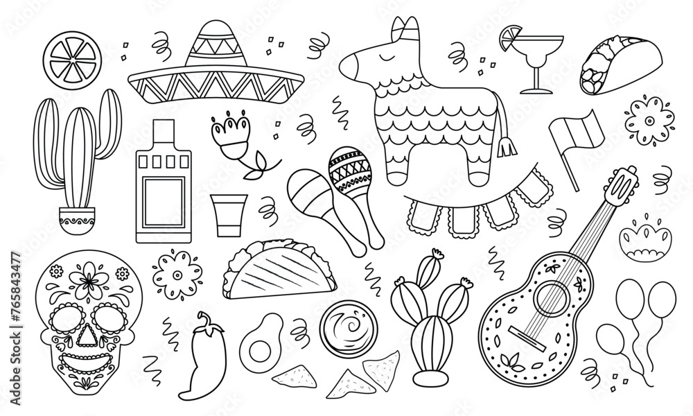 Cinco de Mayo celebration doodle set. Traditional mexican decoration. Hand drawn