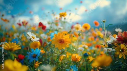 Vibrant Wildflowers Blooming in Sunlit Field A field of colorful wildflowers bathed in sunlight, symbolizing spring and natural beauty. © Suppachet