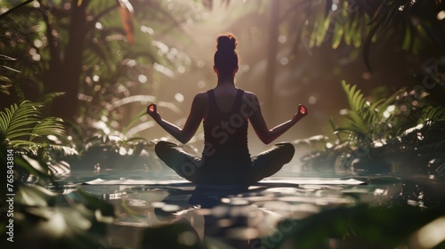 A woman in a peaceful yoga pose amidst a sunlit forest, with a serene atmosphere and bokeh effect
Concept: wellbeing, peace, nature, meditation, tranquility, blur, soft light