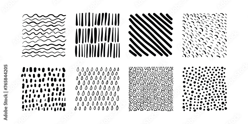 Fototapeta premium Hand drawn textures set. Abstract vector backgrounds in black and white.