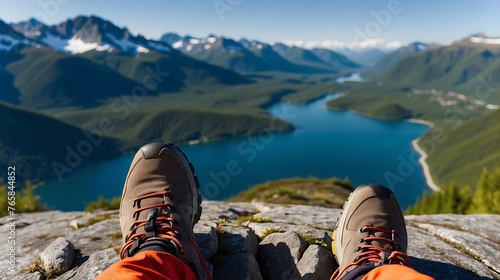 View from mountains lake river fjord - Hiking hiker traveler landscape adventure nature sport background panorama - Feet with hiking shoes from a woman standing resting on top of a high hill or rock