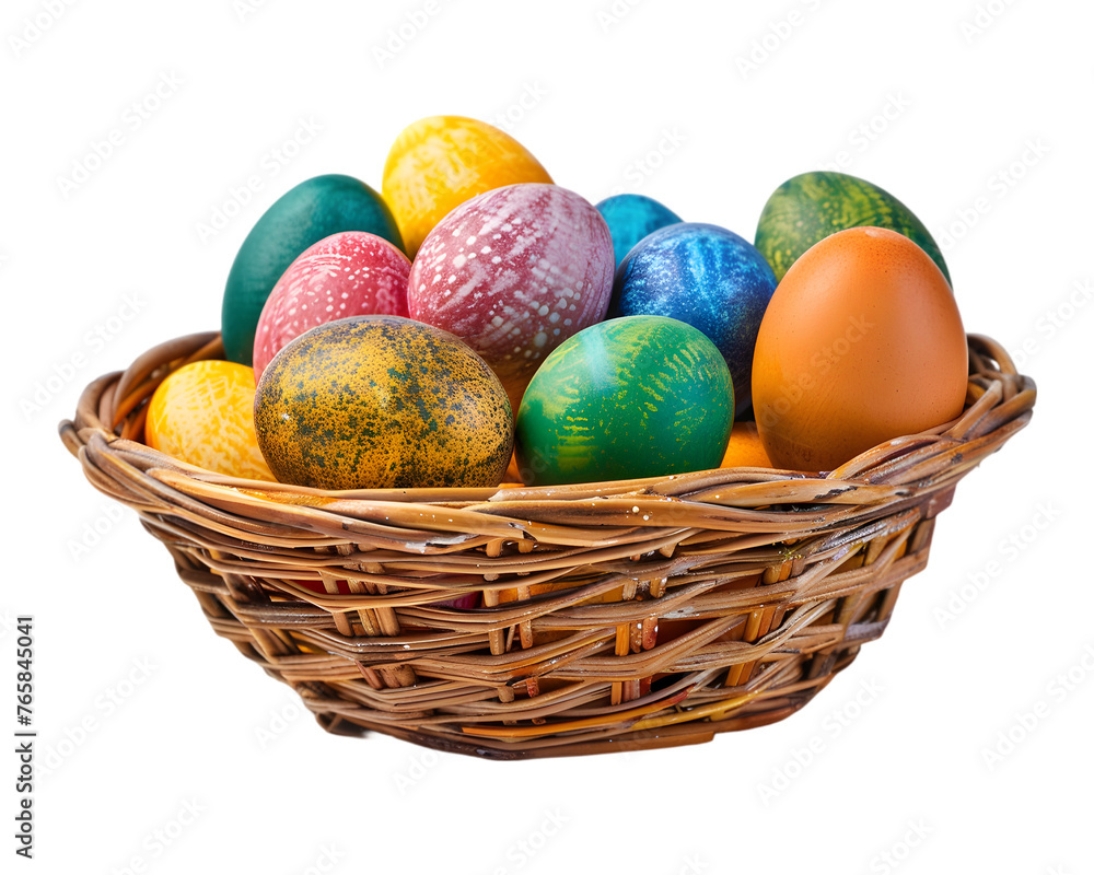 Easter eggs in basket on white transparent background Easter eggs in basket on white transparent background