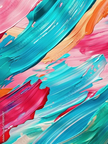 A close-up view of a colorful abstract painting featuring a dynamic mix of vibrant hues and bold brushstrokes