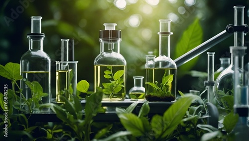 Biology laboratory nature and science, Plants with biochemistry structure on green leaves nature background