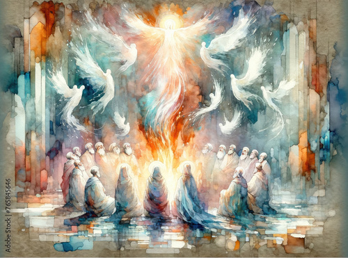 Pentecost. The descent of the Holy Spirit on the Apostles. Digital illustration. © Faith Stock