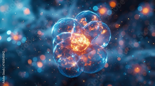 Zoomed-in view of atoms colliding and interacting, showcased in stunning clarity on a massive digital display