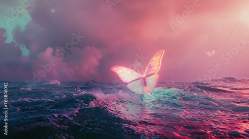 a glowing butterfly middle of a stormy ocean with a light pink sky photo