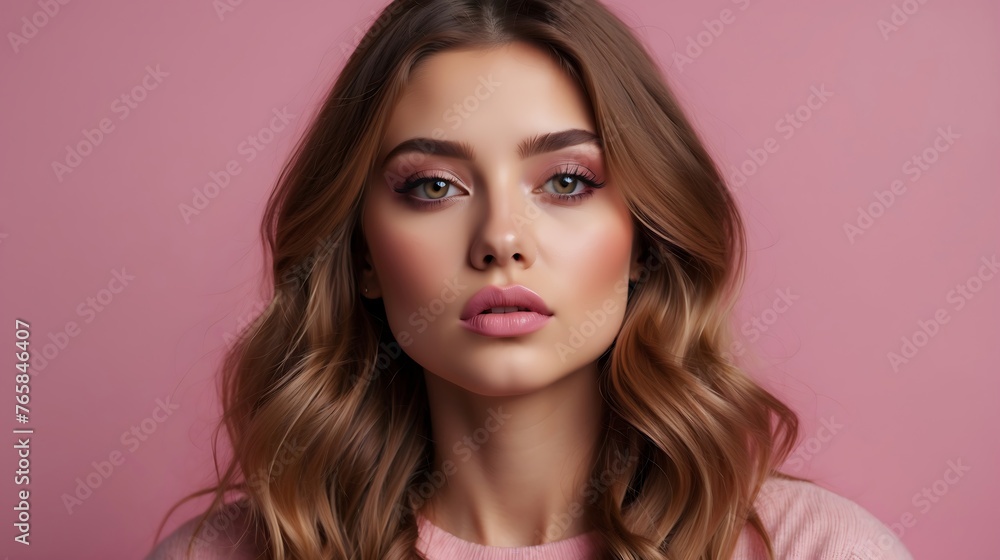 Portrait of a beautiful young woman applying pink lip colors to her cute pout lips with a luxury pink lipstick isolated on pink background Portrait of a beautiful young woman applying pink lip colors to her cute pout lips with a luxury pink lipstick isolated on pink background