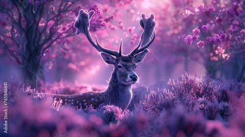 Hyper Realistic Deer in Purple Forest With cyber prank style 
