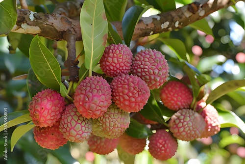 a delicious bunch of lychee,leaves in the background