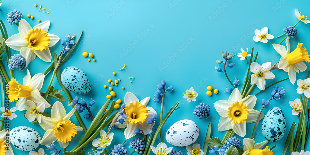 White flowers and painted Easter eggs on a blue background. Festive floral concept with clean text space. flat lay. view from above,