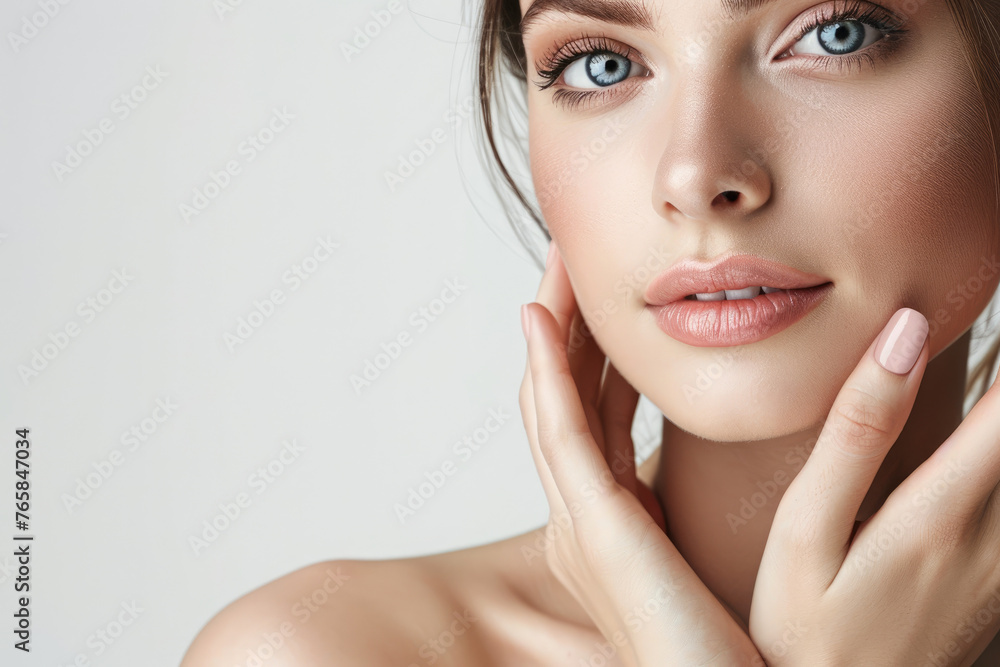 Beautiful woman touching her face and neck with perfect skin on a white background, a beauty treatment concept