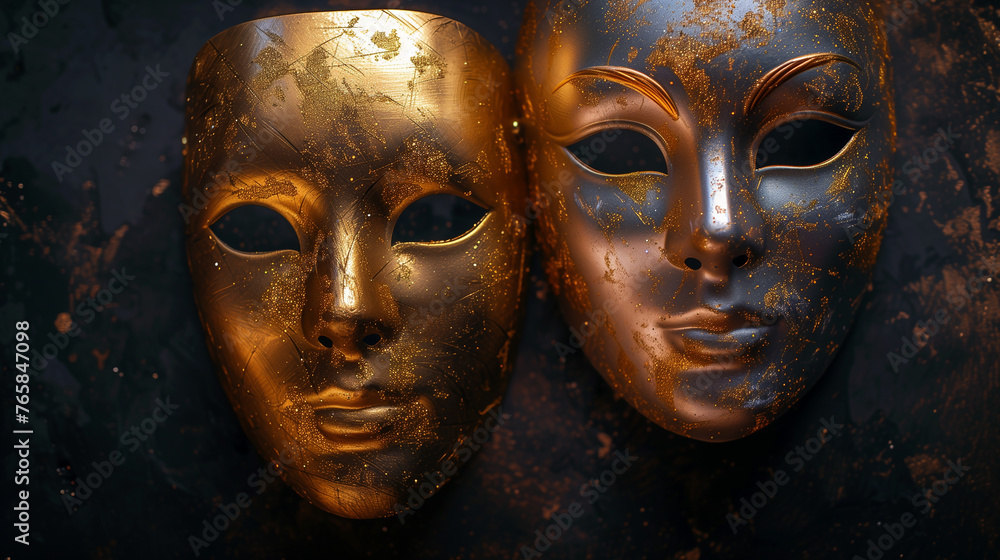 Fototapeta premium Two metallic gold masquerade masks on black stage background 